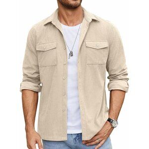 Men's Light Khaki Button Down Waffle Shirt Jacket Casual Long Sleeve Shacket